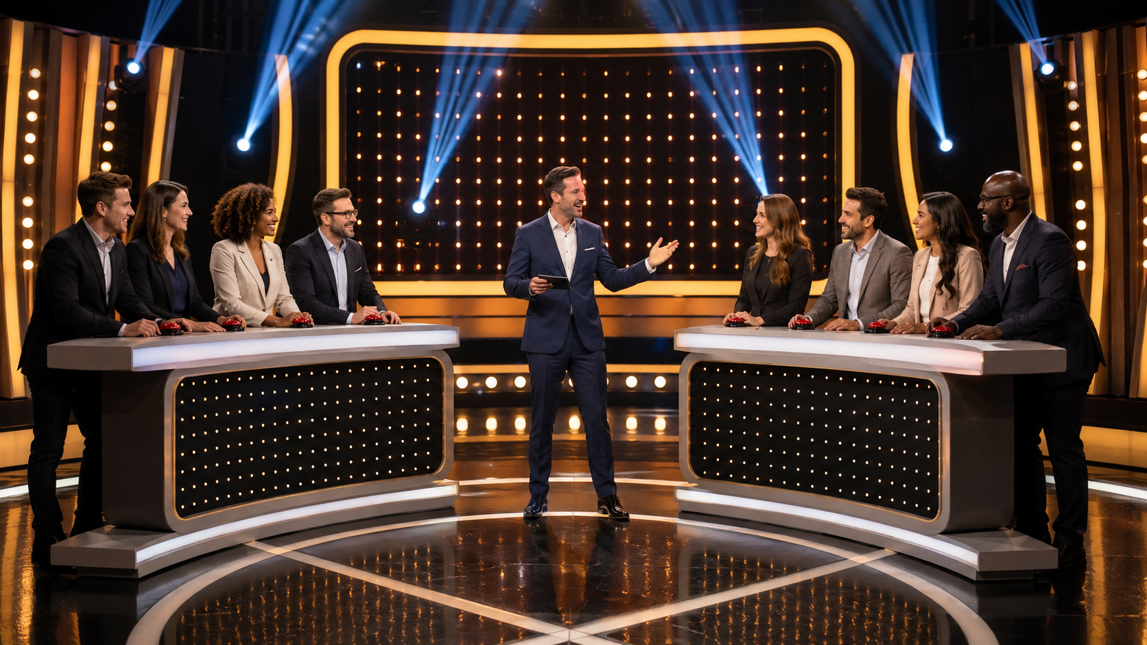 Equipo corporativo participando en una dinámica tipo concurso para aprender jugando.