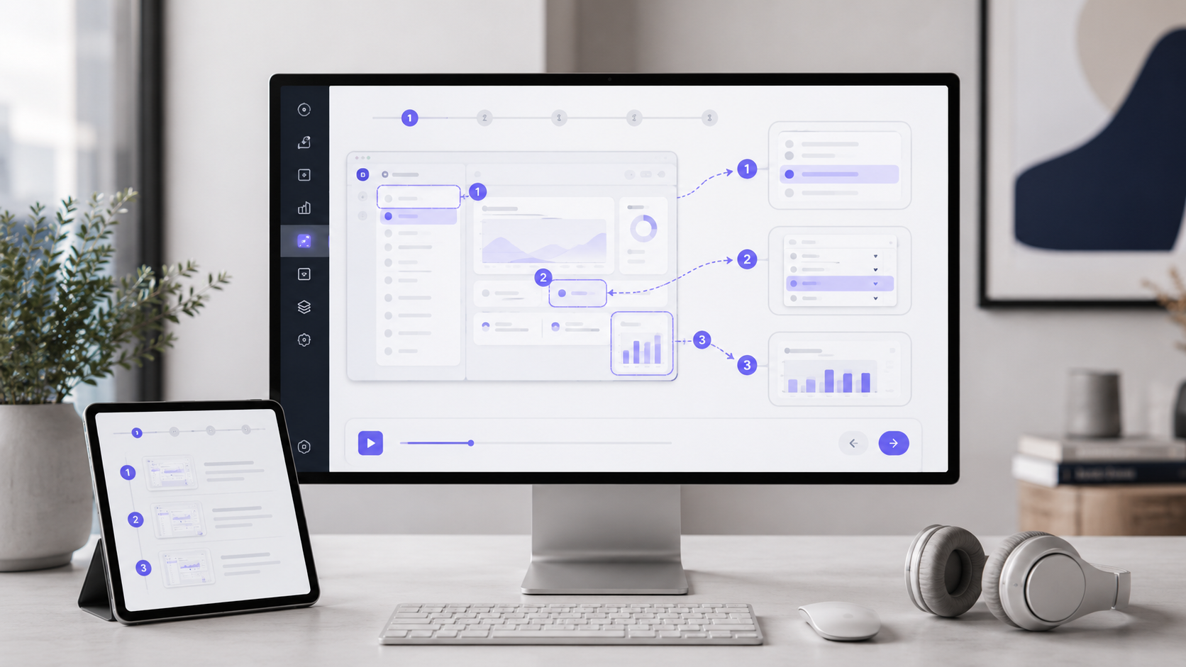 Interfaz de curso e-learning con módulos, progreso y analítica.