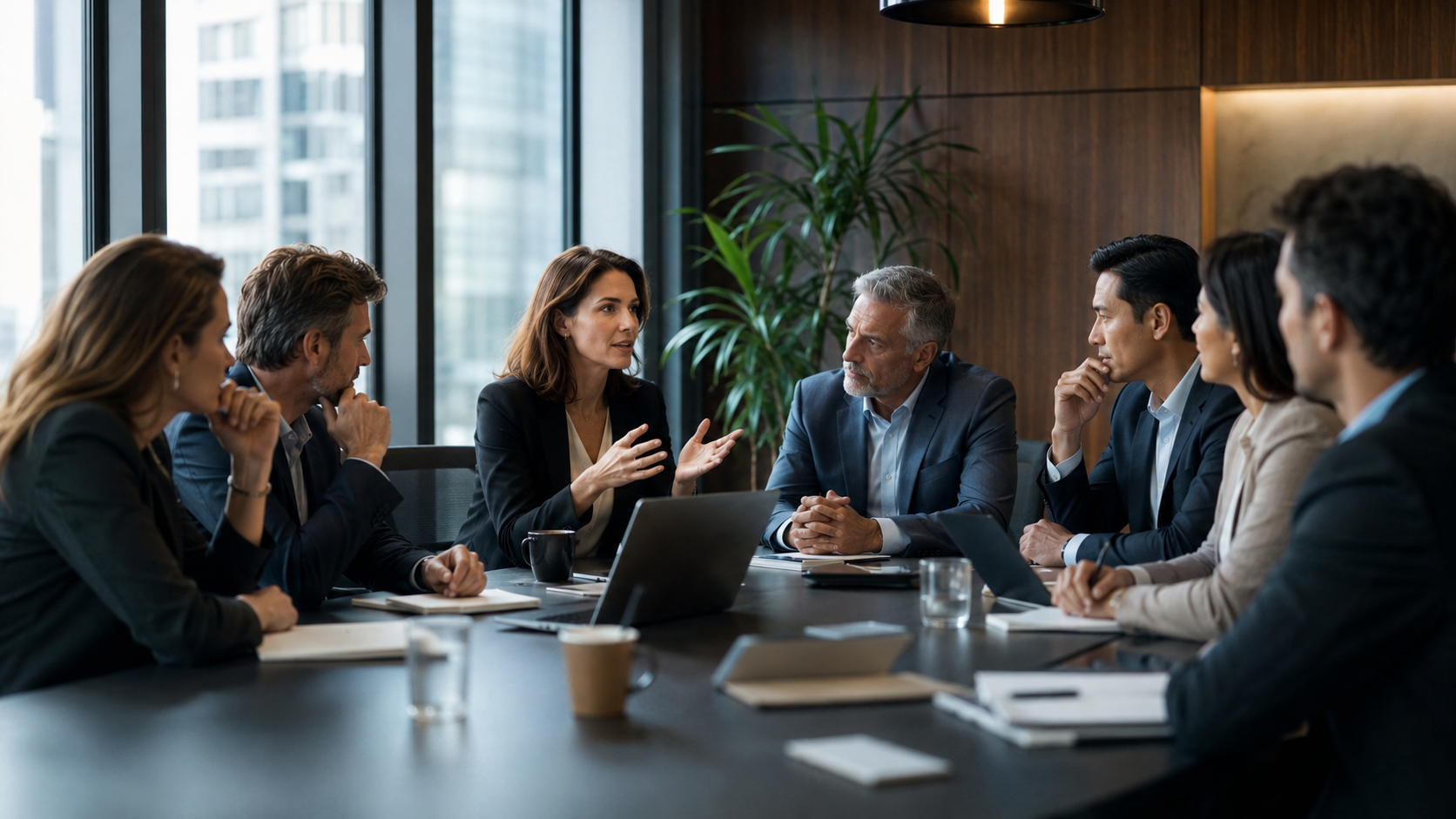 Equipo directivo conversando sobre liderazgo, estrategia y desarrollo de personas en una sala corporativa.