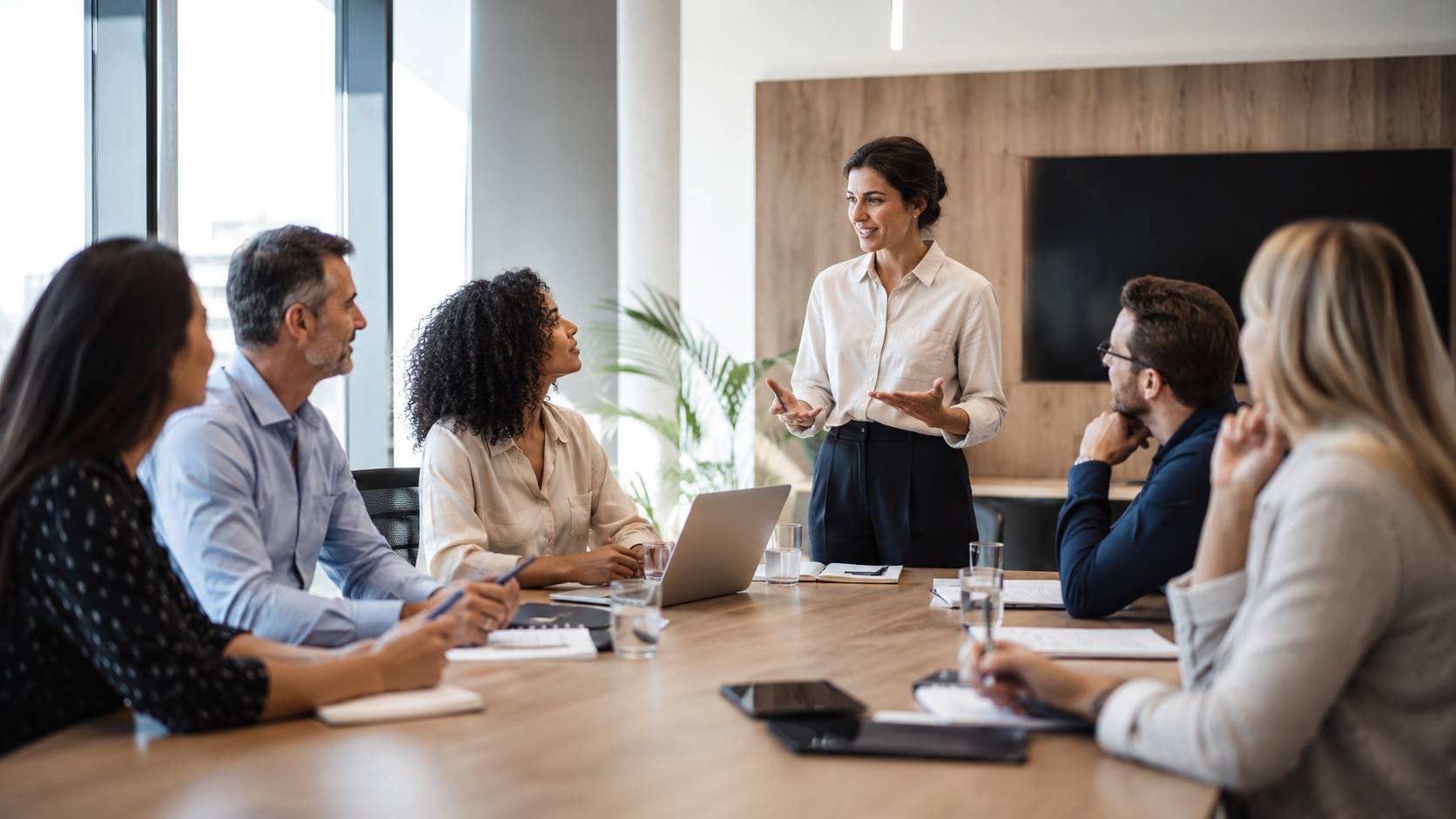 Líder facilitando una conversación de equipo en una sala moderna.